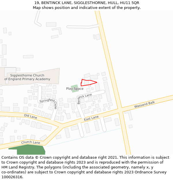 19, BENTINCK LANE, SIGGLESTHORNE, HULL, HU11 5QR: Location map and indicative extent of plot