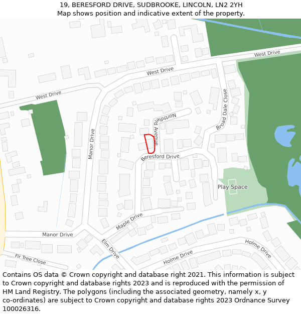 19, BERESFORD DRIVE, SUDBROOKE, LINCOLN, LN2 2YH: Location map and indicative extent of plot