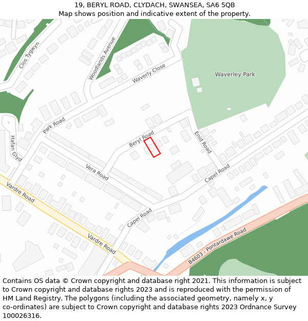 19, BERYL ROAD, CLYDACH, SWANSEA, SA6 5QB: Location map and indicative extent of plot