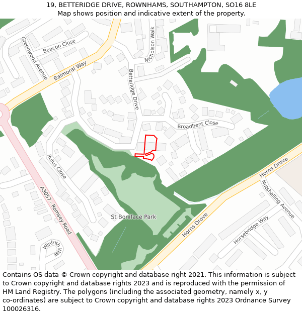 19, BETTERIDGE DRIVE, ROWNHAMS, SOUTHAMPTON, SO16 8LE: Location map and indicative extent of plot