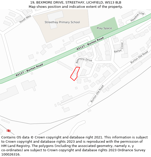 19, BEXMORE DRIVE, STREETHAY, LICHFIELD, WS13 8LB: Location map and indicative extent of plot