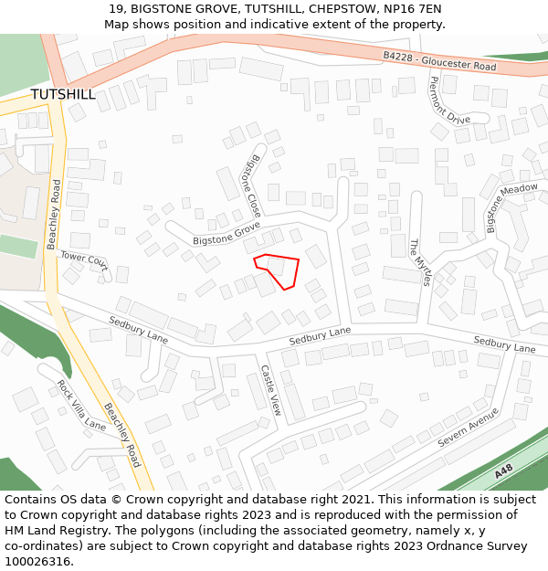 19, BIGSTONE GROVE, TUTSHILL, CHEPSTOW, NP16 7EN: Location map and indicative extent of plot