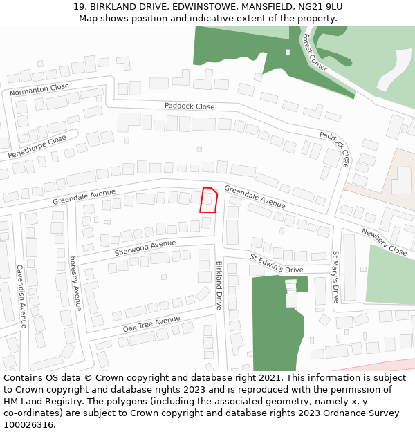 19, BIRKLAND DRIVE, EDWINSTOWE, MANSFIELD, NG21 9LU: Location map and indicative extent of plot