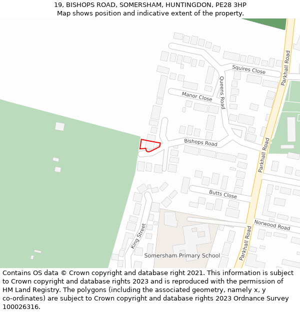 19, BISHOPS ROAD, SOMERSHAM, HUNTINGDON, PE28 3HP: Location map and indicative extent of plot