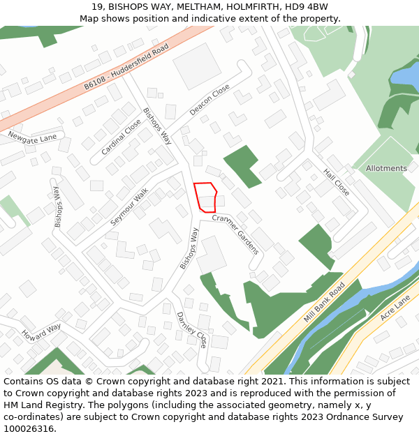 19, BISHOPS WAY, MELTHAM, HOLMFIRTH, HD9 4BW: Location map and indicative extent of plot