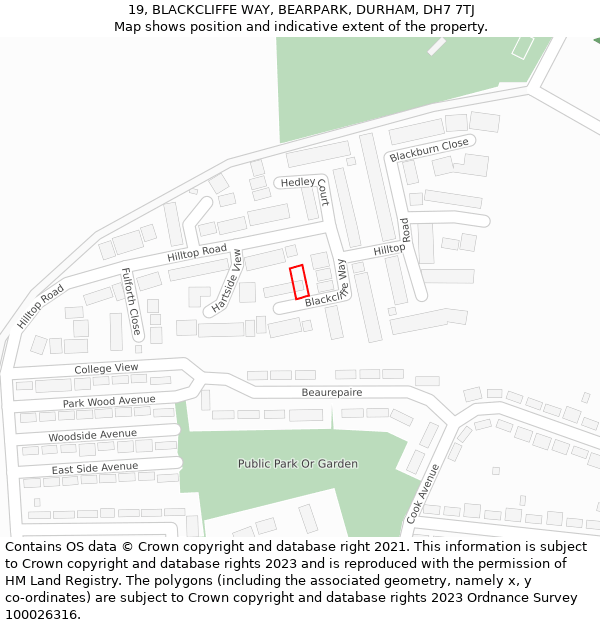 19, BLACKCLIFFE WAY, BEARPARK, DURHAM, DH7 7TJ: Location map and indicative extent of plot