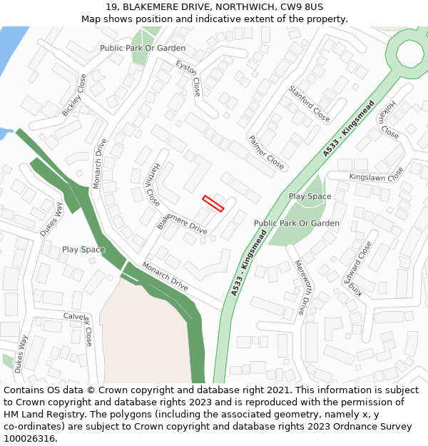 19, BLAKEMERE DRIVE, NORTHWICH, CW9 8US: Location map and indicative extent of plot