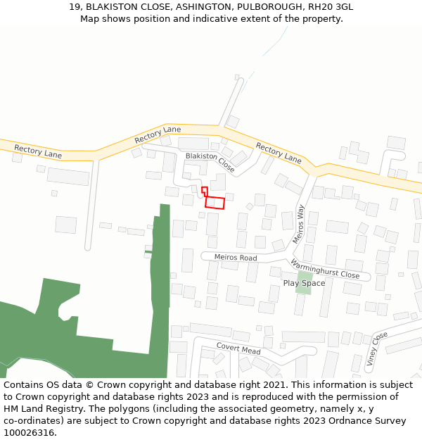 19, BLAKISTON CLOSE, ASHINGTON, PULBOROUGH, RH20 3GL: Location map and indicative extent of plot