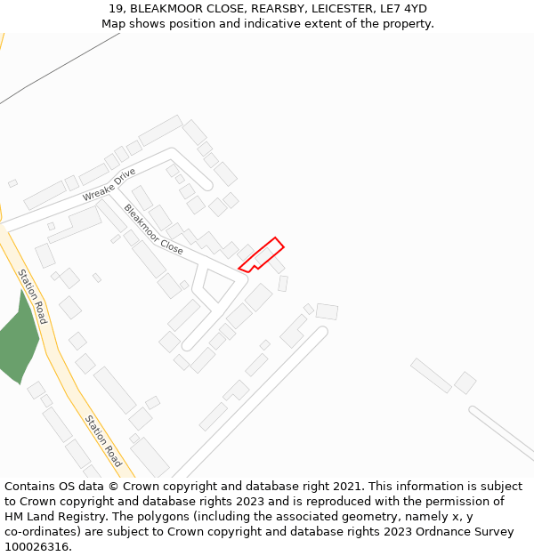 19, BLEAKMOOR CLOSE, REARSBY, LEICESTER, LE7 4YD: Location map and indicative extent of plot