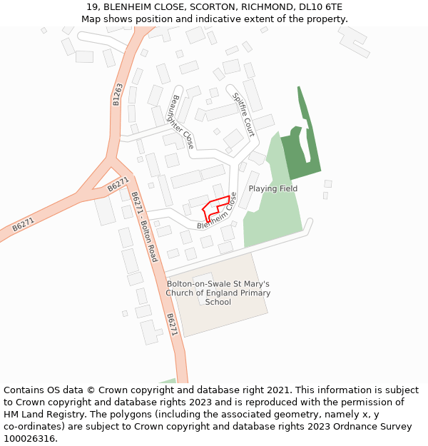 19, BLENHEIM CLOSE, SCORTON, RICHMOND, DL10 6TE: Location map and indicative extent of plot