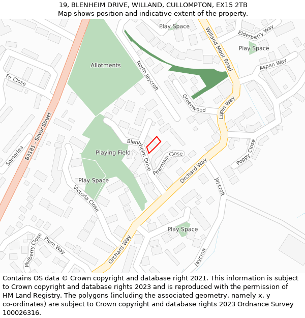 19, BLENHEIM DRIVE, WILLAND, CULLOMPTON, EX15 2TB: Location map and indicative extent of plot