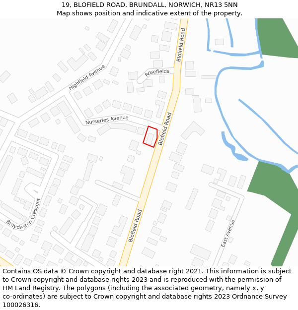 19, BLOFIELD ROAD, BRUNDALL, NORWICH, NR13 5NN: Location map and indicative extent of plot