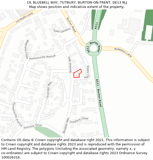 19, BLUEBELL WAY, TUTBURY, BURTON-ON-TRENT, DE13 9LJ: Location map and indicative extent of plot