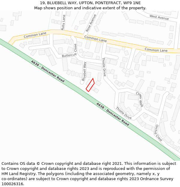 19, BLUEBELL WAY, UPTON, PONTEFRACT, WF9 1NE: Location map and indicative extent of plot