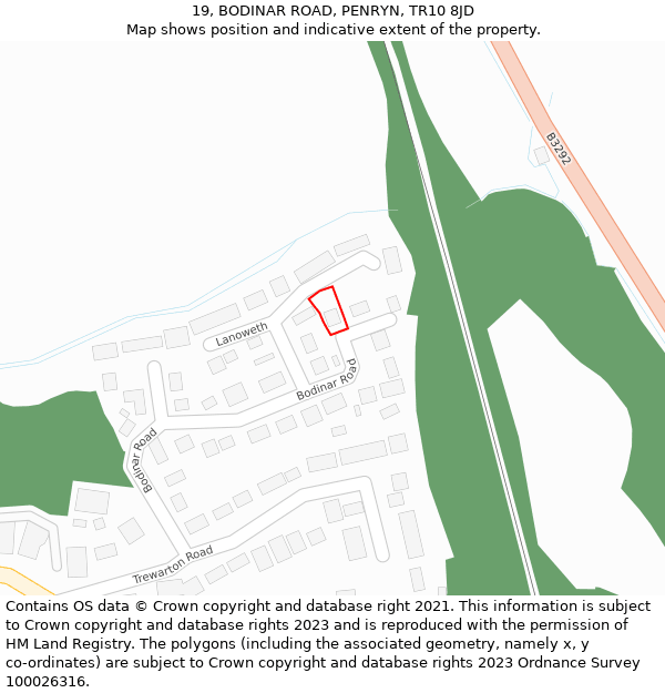 19, BODINAR ROAD, PENRYN, TR10 8JD: Location map and indicative extent of plot