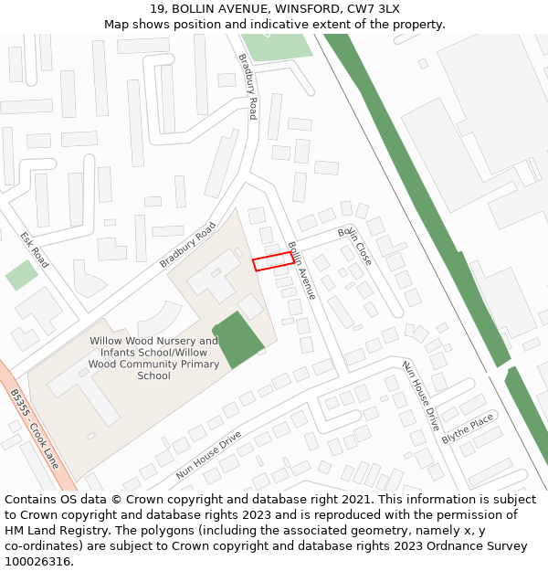 19, BOLLIN AVENUE, WINSFORD, CW7 3LX: Location map and indicative extent of plot