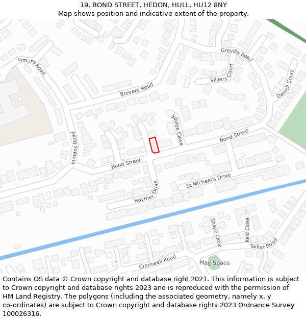 19, BOND STREET, HEDON, HULL, HU12 8NY: Location map and indicative extent of plot