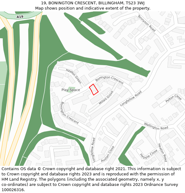 19, BONINGTON CRESCENT, BILLINGHAM, TS23 3WJ: Location map and indicative extent of plot