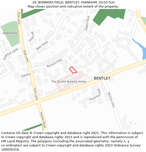 19, BONNERS FIELD, BENTLEY, FARNHAM, GU10 5LH: Location map and indicative extent of plot