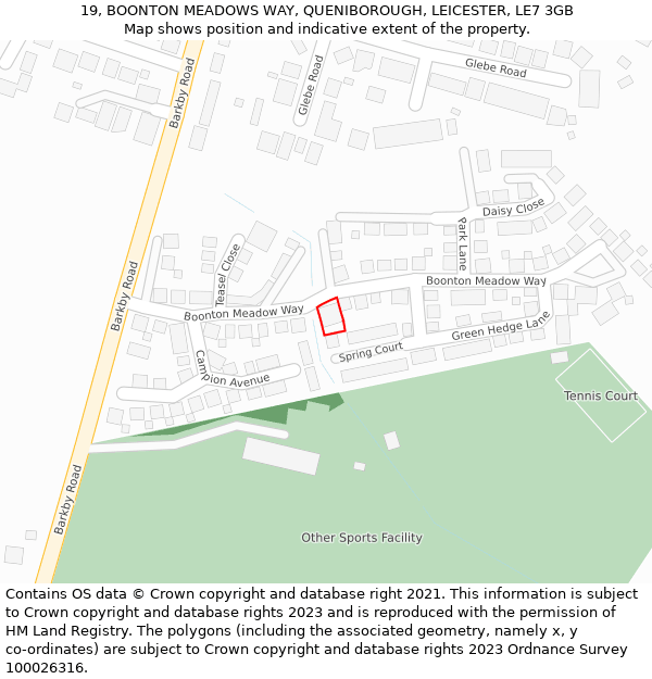 19, BOONTON MEADOWS WAY, QUENIBOROUGH, LEICESTER, LE7 3GB: Location map and indicative extent of plot