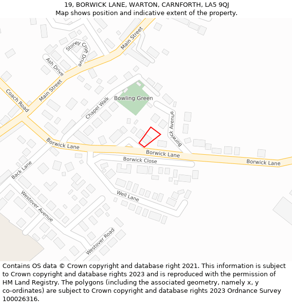 19, BORWICK LANE, WARTON, CARNFORTH, LA5 9QJ: Location map and indicative extent of plot