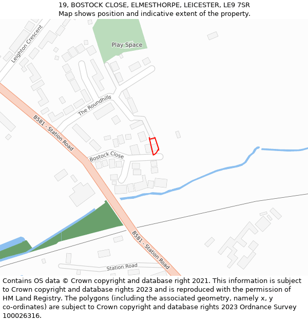 19, BOSTOCK CLOSE, ELMESTHORPE, LEICESTER, LE9 7SR: Location map and indicative extent of plot