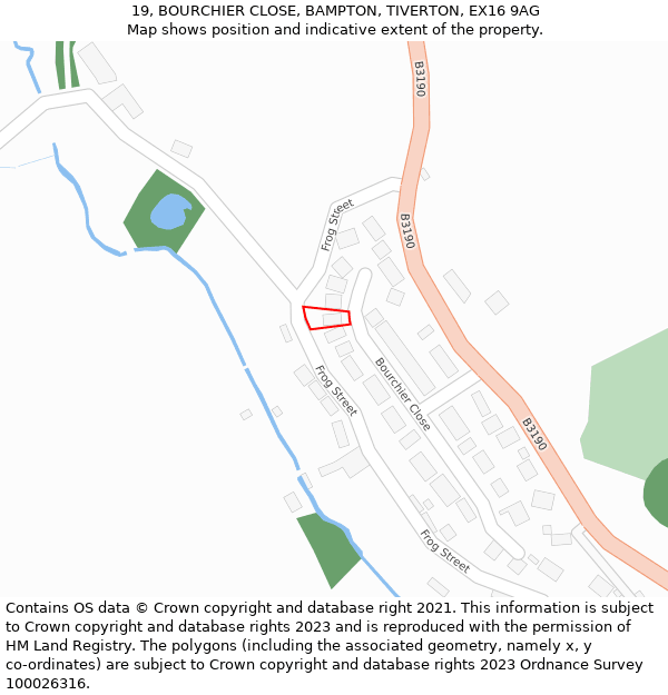 19, BOURCHIER CLOSE, BAMPTON, TIVERTON, EX16 9AG: Location map and indicative extent of plot