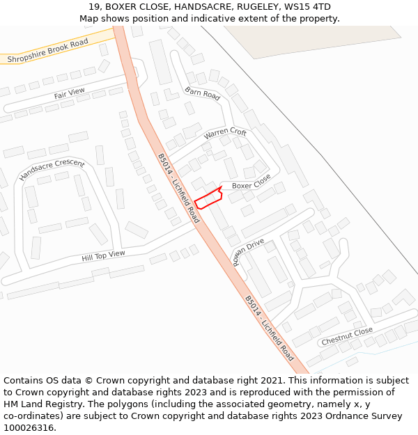 19, BOXER CLOSE, HANDSACRE, RUGELEY, WS15 4TD: Location map and indicative extent of plot