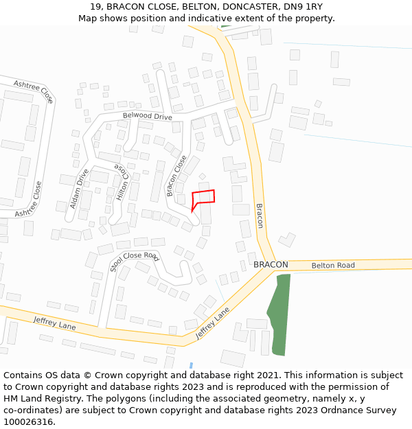 19, BRACON CLOSE, BELTON, DONCASTER, DN9 1RY: Location map and indicative extent of plot