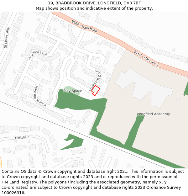 19, BRADBROOK DRIVE, LONGFIELD, DA3 7BF: Location map and indicative extent of plot
