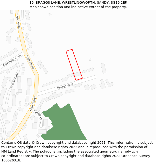 19, BRAGGS LANE, WRESTLINGWORTH, SANDY, SG19 2ER: Location map and indicative extent of plot