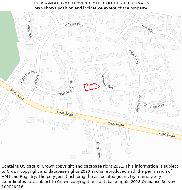 19, BRAMBLE WAY, LEAVENHEATH, COLCHESTER, CO6 4UN: Location map and indicative extent of plot