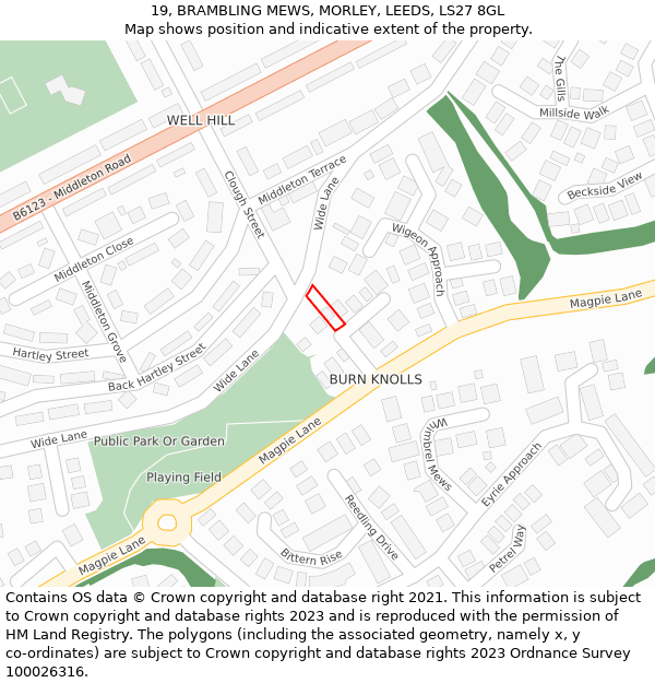 19, BRAMBLING MEWS, MORLEY, LEEDS, LS27 8GL: Location map and indicative extent of plot