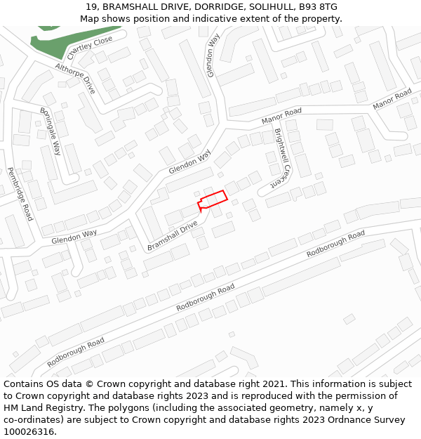 19, BRAMSHALL DRIVE, DORRIDGE, SOLIHULL, B93 8TG: Location map and indicative extent of plot