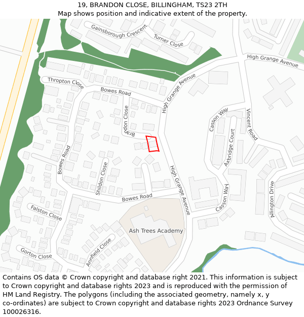 19, BRANDON CLOSE, BILLINGHAM, TS23 2TH: Location map and indicative extent of plot