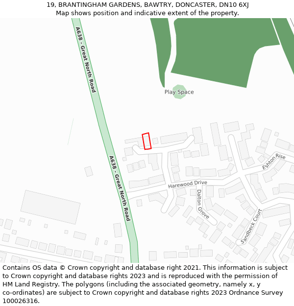 19, BRANTINGHAM GARDENS, BAWTRY, DONCASTER, DN10 6XJ: Location map and indicative extent of plot