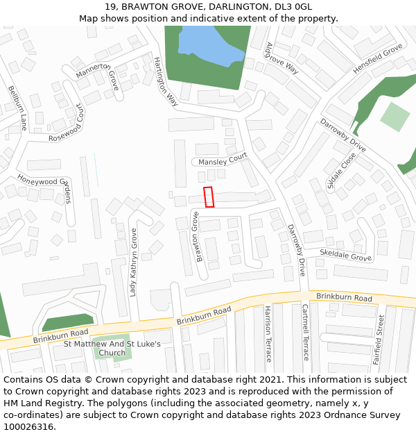 19, BRAWTON GROVE, DARLINGTON, DL3 0GL: Location map and indicative extent of plot