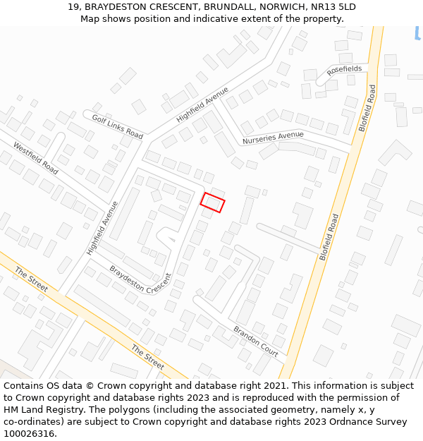 19, BRAYDESTON CRESCENT, BRUNDALL, NORWICH, NR13 5LD: Location map and indicative extent of plot