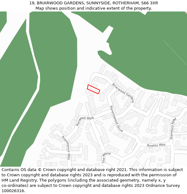 19, BRIARWOOD GARDENS, SUNNYSIDE, ROTHERHAM, S66 3XR: Location map and indicative extent of plot