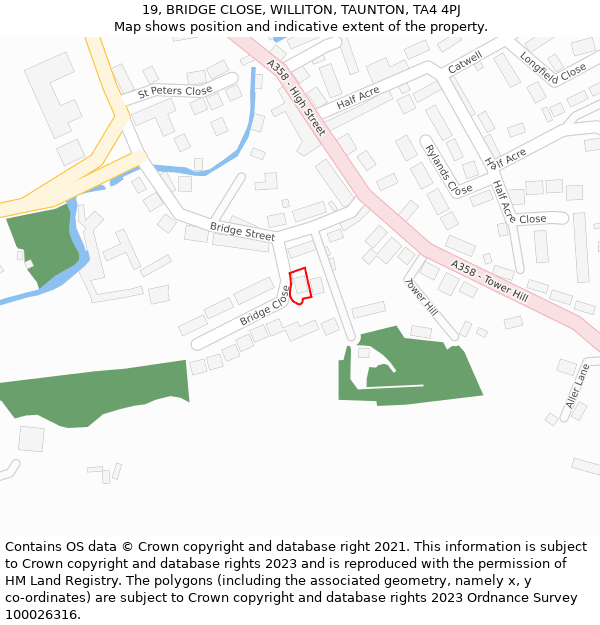 19, BRIDGE CLOSE, WILLITON, TAUNTON, TA4 4PJ: Location map and indicative extent of plot