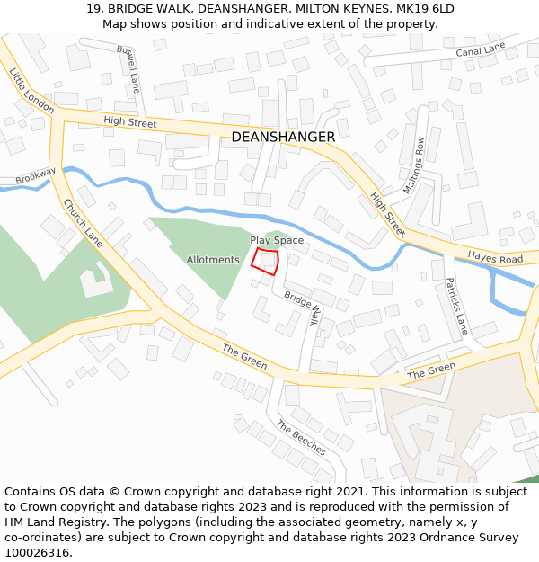 19, BRIDGE WALK, DEANSHANGER, MILTON KEYNES, MK19 6LD: Location map and indicative extent of plot