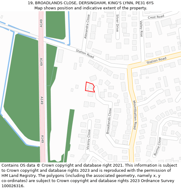 19, BROADLANDS CLOSE, DERSINGHAM, KING'S LYNN, PE31 6YS: Location map and indicative extent of plot