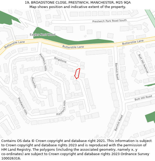 19, BROADSTONE CLOSE, PRESTWICH, MANCHESTER, M25 9QA: Location map and indicative extent of plot