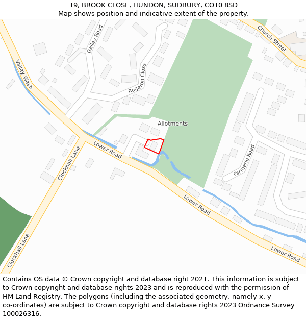 19, BROOK CLOSE, HUNDON, SUDBURY, CO10 8SD: Location map and indicative extent of plot