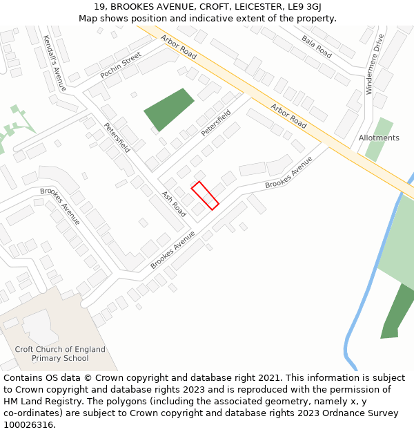 19, BROOKES AVENUE, CROFT, LEICESTER, LE9 3GJ: Location map and indicative extent of plot