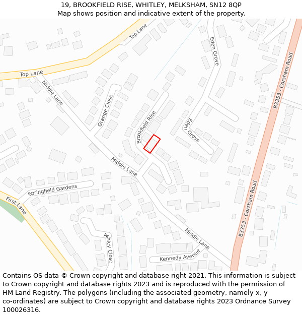 19, BROOKFIELD RISE, WHITLEY, MELKSHAM, SN12 8QP: Location map and indicative extent of plot