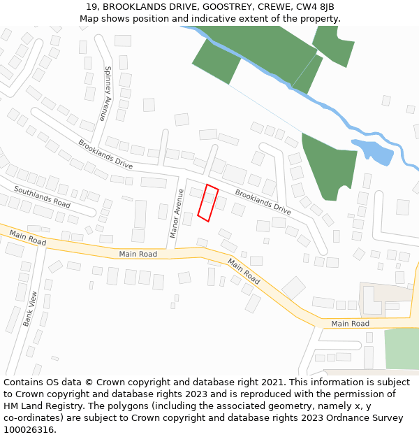 19, BROOKLANDS DRIVE, GOOSTREY, CREWE, CW4 8JB: Location map and indicative extent of plot