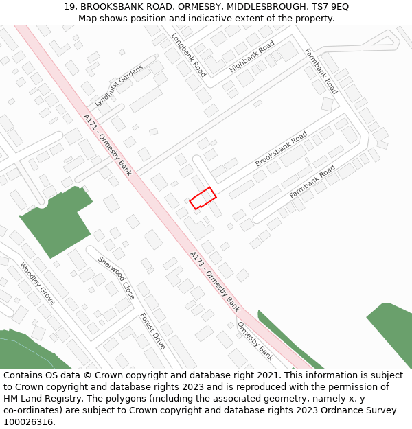 19, BROOKSBANK ROAD, ORMESBY, MIDDLESBROUGH, TS7 9EQ: Location map and indicative extent of plot