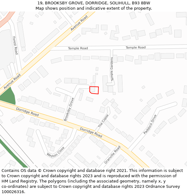 19, BROOKSBY GROVE, DORRIDGE, SOLIHULL, B93 8BW: Location map and indicative extent of plot