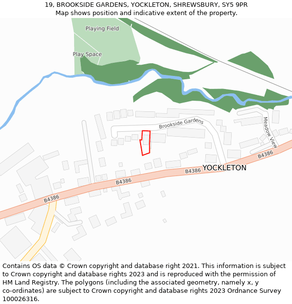 19, BROOKSIDE GARDENS, YOCKLETON, SHREWSBURY, SY5 9PR: Location map and indicative extent of plot